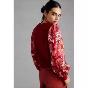 Anthropologie Porridge Floral Puff Sleeve Textured Top Burgundy MEDIUM